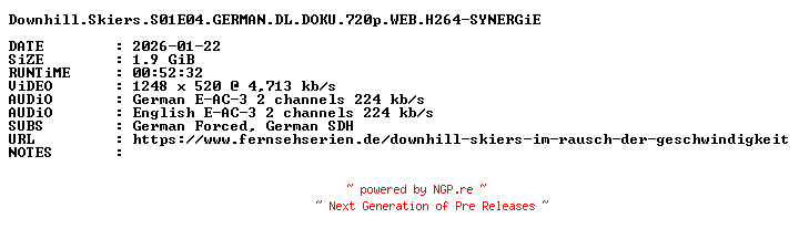 NFO for the release Downhill.Skiers.S01E04.GERMAN.DL.DOKU.720p.WEB.H264-SYNERGiE by SYNERGiE