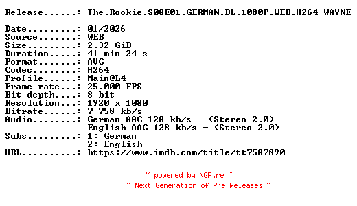 NFO for the release The.Rookie.S08E01.GERMAN.DL.1080P.WEB.H264-WAYNE by WAYNE