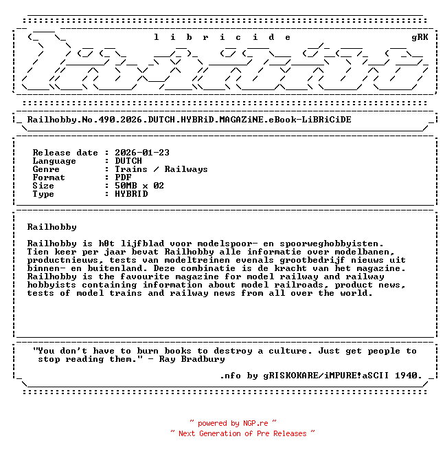 NFO for the release Railhobby.No.490.2026.DUTCH.HYBRiD.MAGAZiNE.eBook-LiBRiCiDE by LiBRiCiDE
