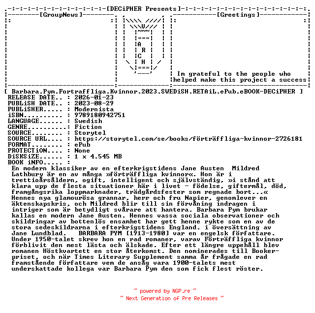 NFO for the release Barbara.Pym.Fortraffliga.Kvinnor.2023.SWEDiSH.RETAiL.ePub.eBOOK-DECiPHER by DECiPHER