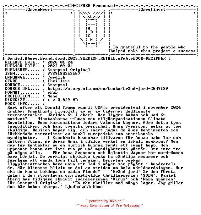 NFO for the release Daniel.Aberg.Brand.Jord.2023.SWEDiSH.RETAiL.ePub.eBOOK-DECiPHER by DECiPHER
