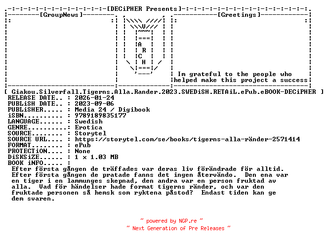 NFO for the release Giakou.Silverfall.Tigerns.Alla.Rander.2023.SWEDiSH.RETAiL.ePub.eBOOK-DECiPHER by DECiPHER