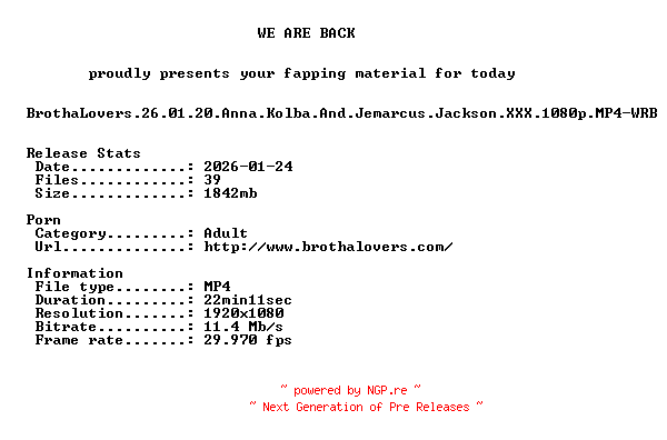 NFO for the release BrothaLovers.26.01.20.Anna.Kolba.And.Jemarcus.Jackson.XXX.1080p.MP4-WRB by WRB