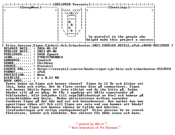 NFO for the release Stina.Jonsson.Signe.Sjobris.Och.Schackrutor.2023.SWEDiSH.RETAiL.ePub.eBOOK-DECiPHER by DECiPHER