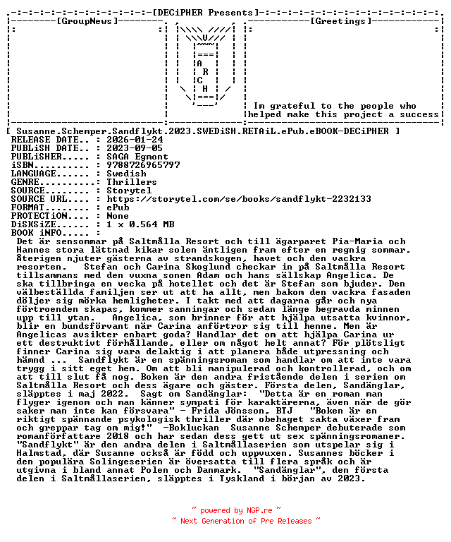 NFO for the release Susanne.Schemper.Sandflykt.2023.SWEDiSH.RETAiL.ePub.eBOOK-DECiPHER by DECiPHER