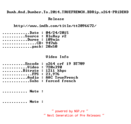 NFO for the release Dumb.And.Dumber.To.2014.TRUEFRENCH.BDRip.x264-PRiDEHD by PRiDEHD