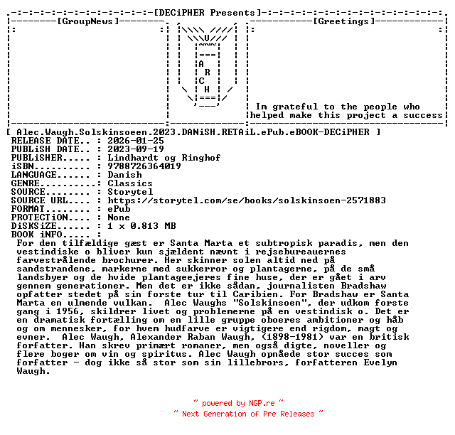 NFO for the release Alec.Waugh.Solskinsoeen.2023.DANiSH.RETAiL.ePub.eBOOK-DECiPHER by DECiPHER