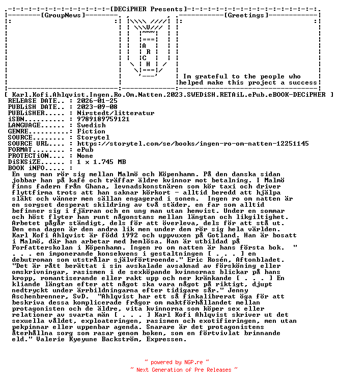 NFO for the release Karl.Kofi.Ahlqvist.Ingen.Ro.Om.Natten.2023.SWEDiSH.RETAiL.ePub.eBOOK-DECiPHER by DECiPHER