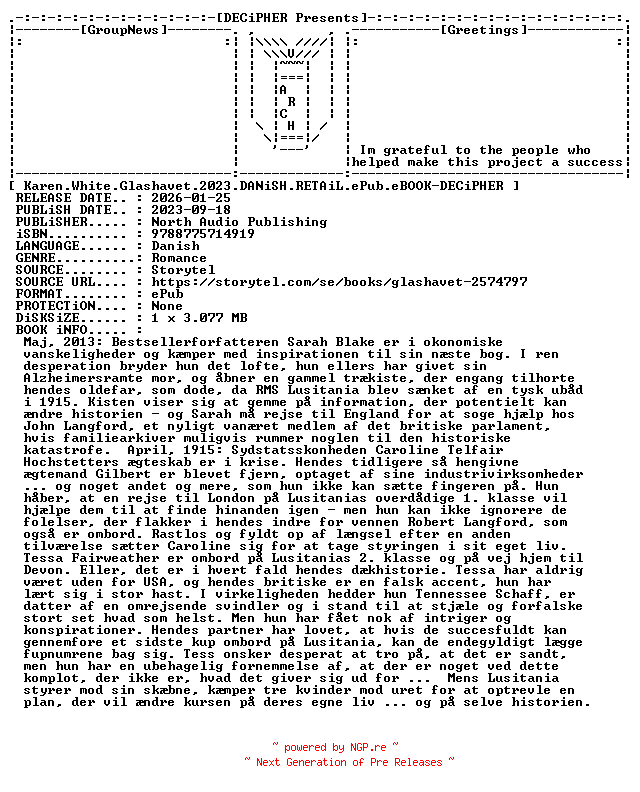 NFO for the release Karen.White.Glashavet.2023.DANiSH.RETAiL.ePub.eBOOK-DECiPHER by DECiPHER