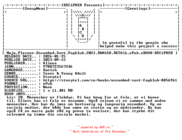 NFO for the release Maja.Plesner.Ensomhed.Sort.Fagklub.2023.DANiSH.RETAiL.ePub.eBOOK-DECiPHER by DECiPHER