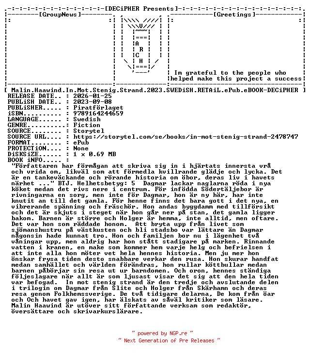 NFO for the release Malin.Haawind.In.Mot.Stenig.Strand.2023.SWEDiSH.RETAiL.ePub.eBOOK-DECiPHER by DECiPHER