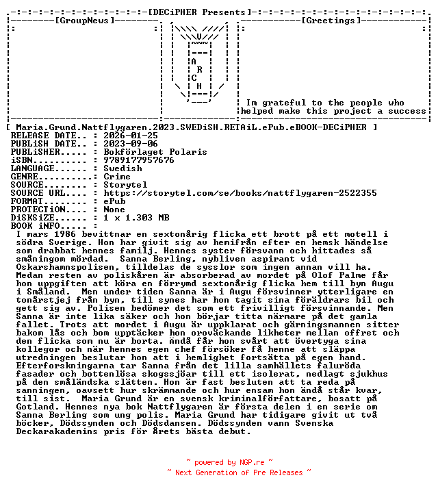 NFO for the release Maria.Grund.Nattflygaren.2023.SWEDiSH.RETAiL.ePub.eBOOK-DECiPHER by DECiPHER