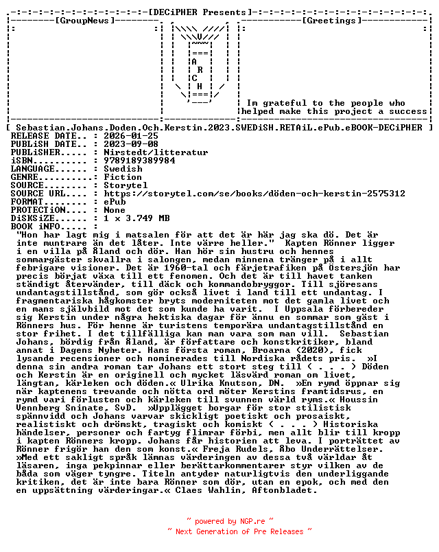NFO for the release Sebastian.Johans.Doden.Och.Kerstin.2023.SWEDiSH.RETAiL.ePub.eBOOK-DECiPHER by DECiPHER