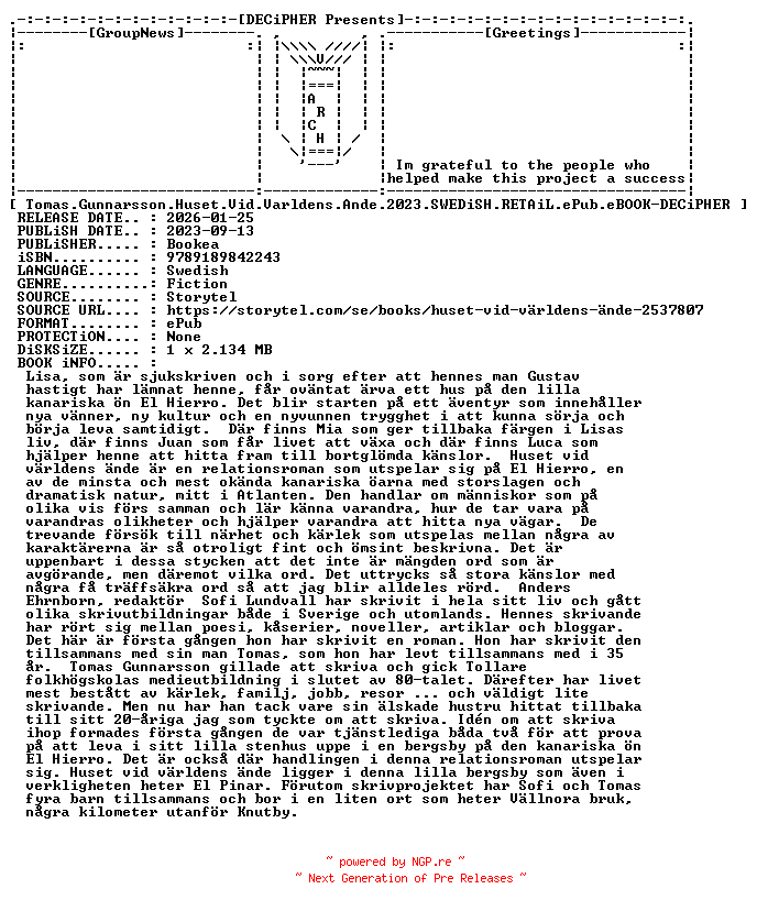 NFO for the release Tomas.Gunnarsson.Huset.Vid.Varldens.Ande.2023.SWEDiSH.RETAiL.ePub.eBOOK-DECiPHER by DECiPHER