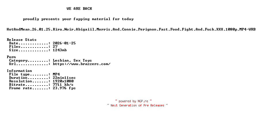 NFO for the release HotAndMean.26.01.25.Kira.Noir.Abigaiil.Morris.And.Connie.Perignon.Fast.Food.Fight.And.Fuck.XXX.1080p.MP4-WRB by WRB
