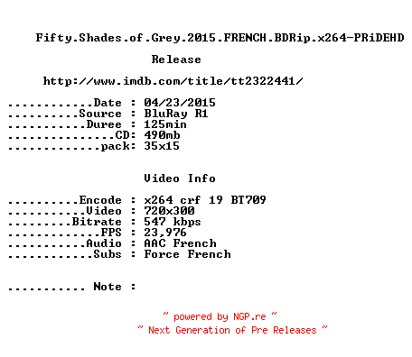 NFO for the release Fifty.Shades.of.Grey.2015.FRENCH.BDRip.x264-PRiDEHD by PRiDEHD
