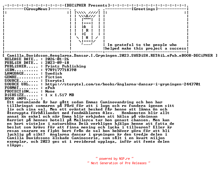 NFO for the release Camilla.Davidsson.Aenglarna.Dansar.I.Gryningen.2023.SWEDiSH.RETAiL.ePub.eBOOK-DECiPHER by DECiPHER