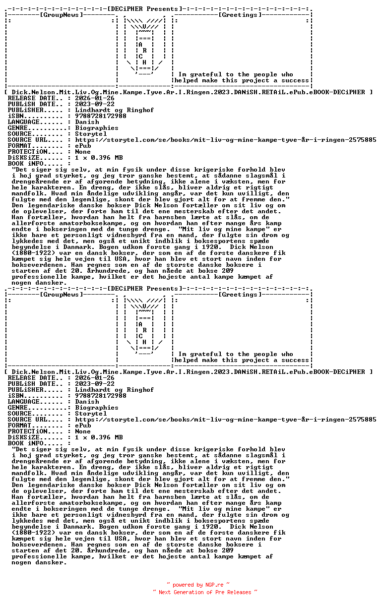 NFO for the release Dick.Nelson.Mit.Liv.Og.Mine.Kampe.Tyve.Ar.I.Ringen.2023.DANiSH.RETAiL.ePub.eBOOK-DECiPHER by DECiPHER