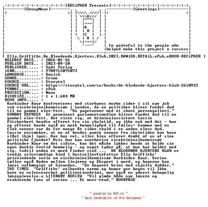 NFO for the release Elly.Griffiths.De.Bloedende.Hjerters.Klub.2023.DANiSH.RETAiL.ePub.eBOOK-DECiPHER by DECiPHER