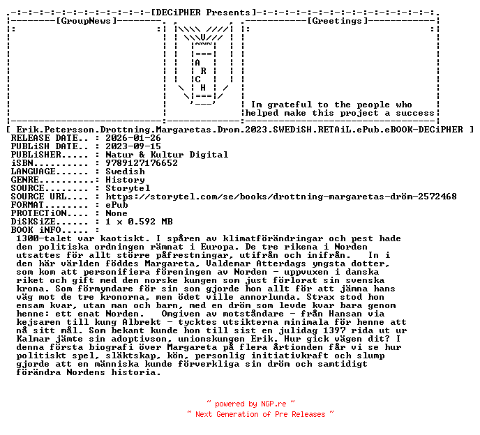 NFO for the release Erik.Petersson.Drottning.Margaretas.Drom.2023.SWEDiSH.RETAiL.ePub.eBOOK-DECiPHER by DECiPHER