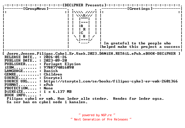 NFO for the release Joern.Jensen.Filipas.Cykel.Er.Vaek.2023.DANiSH.RETAiL.ePub.eBOOK-DECiPHER by DECiPHER