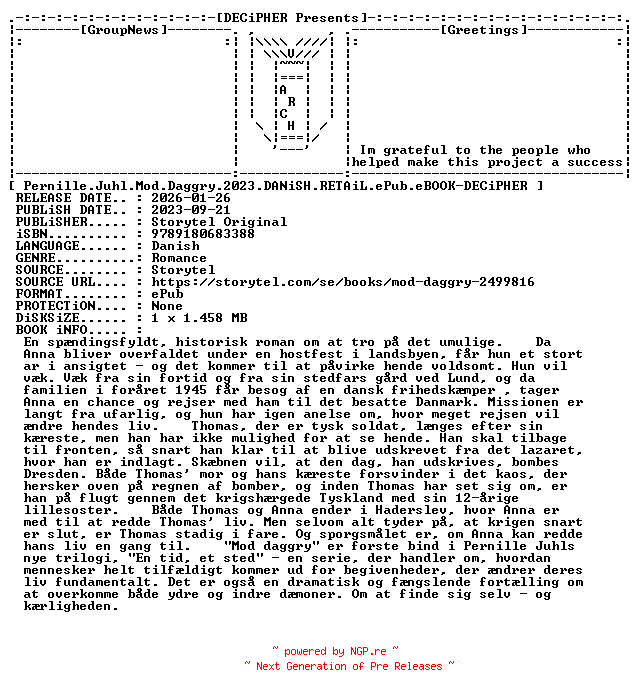 NFO for the release Pernille.Juhl.Mod.Daggry.2023.DANiSH.RETAiL.ePub.eBOOK-DECiPHER by DECiPHER
