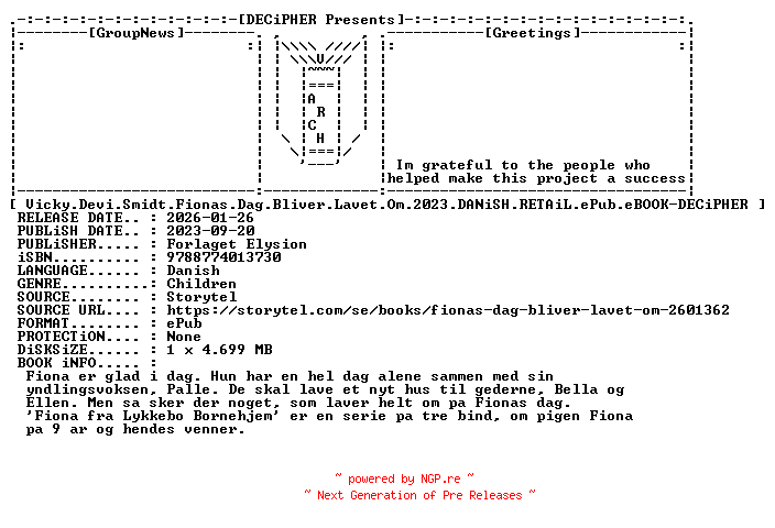NFO for the release Vicky.Devi.Smidt.Fionas.Dag.Bliver.Lavet.Om.2023.DANiSH.RETAiL.ePub.eBOOK-DECiPHER by DECiPHER