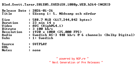 NFO for the release Blod.Svett.Tarar.S01E05.SWEDiSH.1080p.WEB.h264-INGRID by INGRID