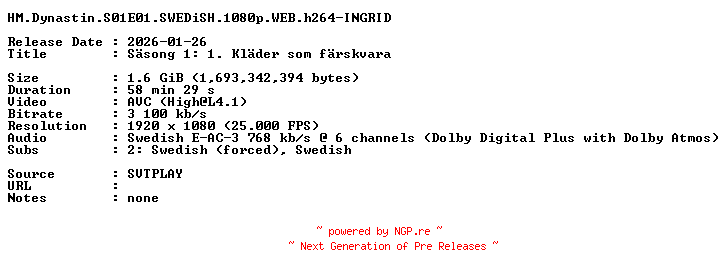 NFO for the release HM.Dynastin.S01E01.SWEDiSH.1080p.WEB.h264-INGRID by INGRID