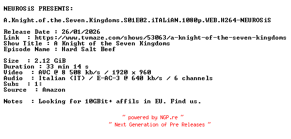 NFO for the release A.Knight.of.the.Seven.Kingdoms.S01E02.iTALiAN.1080p.WEB.H264-NEUROSiS by NEUROSiS