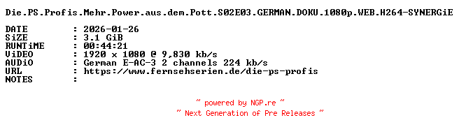 NFO for the release Die.PS.Profis.Mehr.Power.aus.dem.Pott.S02E03.GERMAN.DOKU.1080p.WEB.H264-SYNERGiE by SYNERGiE