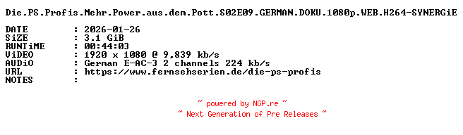 NFO for the release Die.PS.Profis.Mehr.Power.aus.dem.Pott.S02E09.GERMAN.DOKU.1080p.WEB.H264-SYNERGiE by SYNERGiE