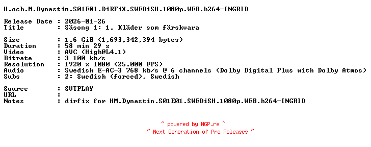 NFO for the release H.och.M.Dynastin.S01E01.DiRFiX.SWEDiSH.1080p.WEB.h264-INGRID by INGRID