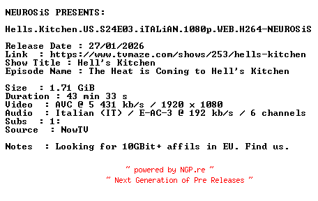 NFO for the release Hells.Kitchen.US.S24E03.iTALiAN.1080p.WEB.H264-NEUROSiS by NEUROSiS