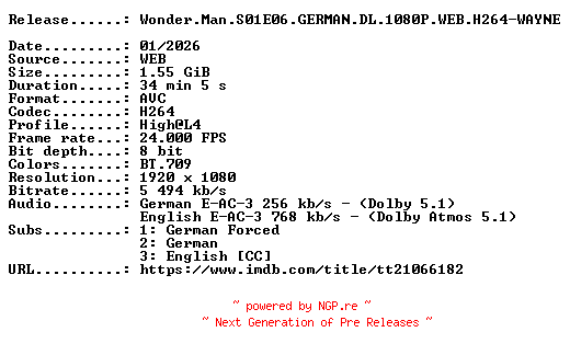 NFO for the release Wonder.Man.S01E06.GERMAN.DL.1080P.WEB.H264-WAYNE by WAYNE