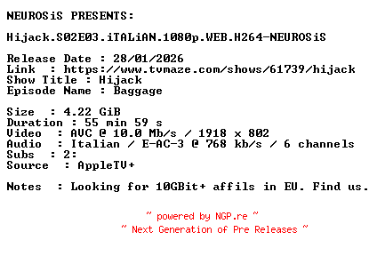 NFO for the release Hijack.S02E03.iTALiAN.1080p.WEB.H264-NEUROSiS by NEUROSiS