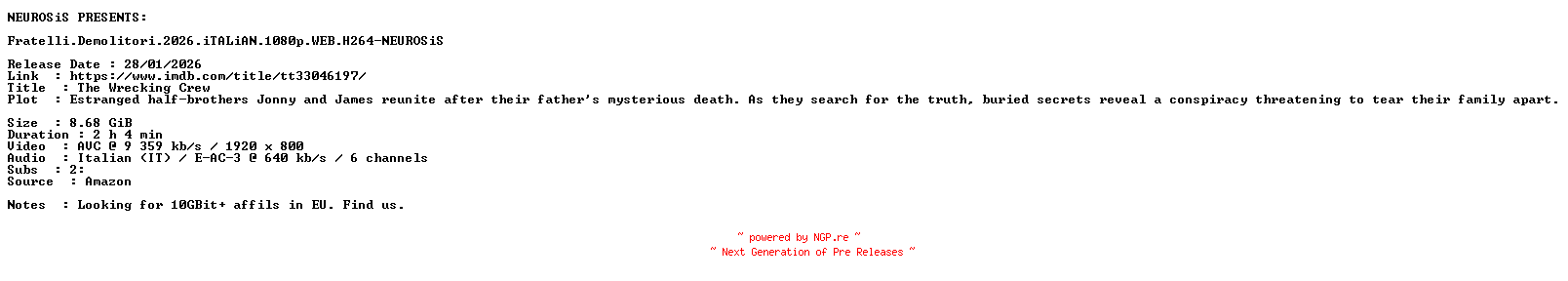 NFO for the release Fratelli.Demolitori.2026.iTALiAN.1080p.WEB.H264-NEUROSiS by NEUROSiS