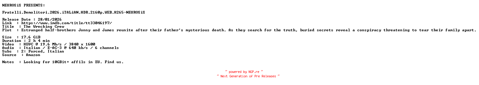 NFO for the release Fratelli.Demolitori.2026.iTALiAN.HDR.2160p.WEB.H265-NEUROSiS by NEUROSiS