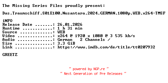 NFO for the release Das.Traumschiff.S01E100.Nusantara.2024.GERMAN.1080p.WEB.x264-TMSF by TMSF