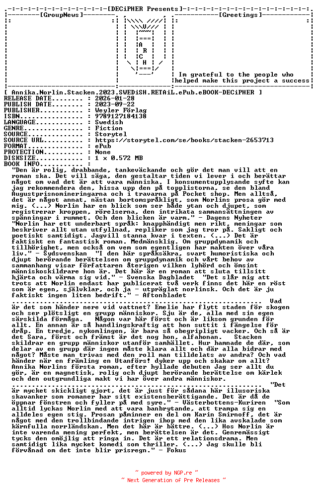 NFO for the release Annika.Norlin.Stacken.2023.SWEDiSH.RETAiL.ePub.eBOOK-DECiPHER by DECiPHER
