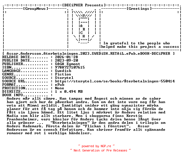 NFO for the release Assar.Andersson.Aterbetalningen.2023.SWEDiSH.RETAiL.ePub.eBOOK-DECiPHER by DECiPHER