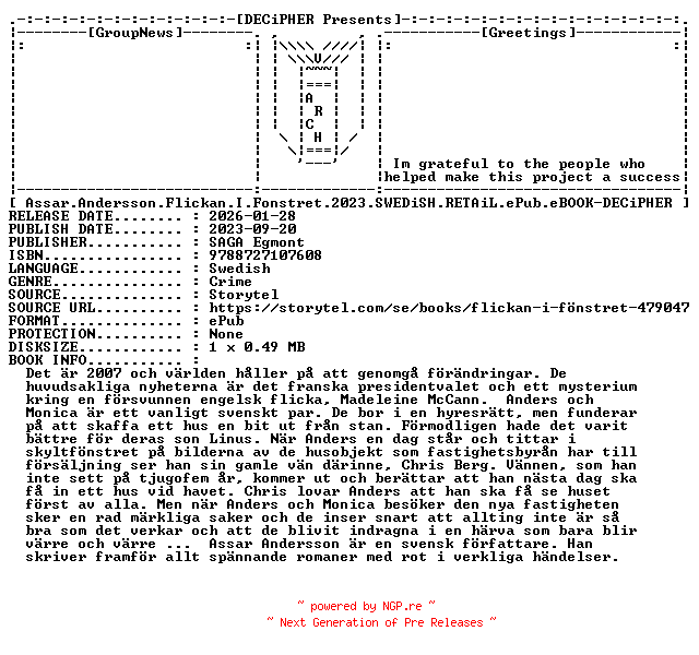 NFO for the release Assar.Andersson.Flickan.I.Fonstret.2023.SWEDiSH.RETAiL.ePub.eBOOK-DECiPHER by DECiPHER
