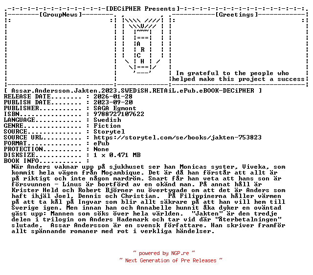 NFO for the release Assar.Andersson.Jakten.2023.SWEDiSH.RETAiL.ePub.eBOOK-DECiPHER by DECiPHER