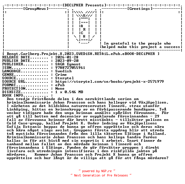 NFO for the release Bengt.Carlberg.Projekt.X.2023.SWEDiSH.RETAiL.ePub.eBOOK-DECiPHER by DECiPHER