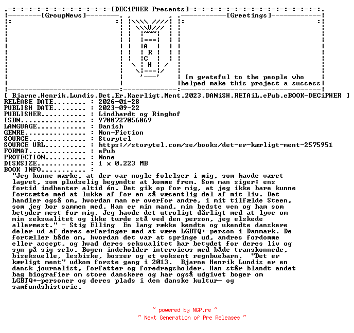 NFO for the release Bjarne.Henrik.Lundis.Det.Er.Kaerligt.Ment.2023.DANiSH.RETAiL.ePub.eBOOK-DECiPHER by DECiPHER