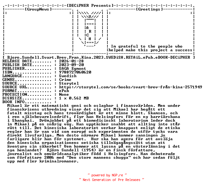 NFO for the release Bjorn.Sundell.Svart.Brev.Fran.Kina.2023.SWEDiSH.RETAiL.ePub.eBOOK-DECiPHER by DECiPHER