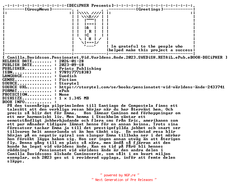 NFO for the release Camilla.Davidsson.Pensionatet.Vid.Varldens.Ande.2023.SWEDiSH.RETAiL.ePub.eBOOK-DECiPHER by DECiPHER