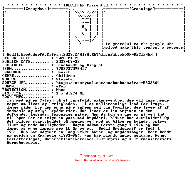 NFO for the release Bodil.Bredsdorff.Safran.2023.DANiSH.RETAiL.ePub.eBOOK-DECiPHER by DECiPHER