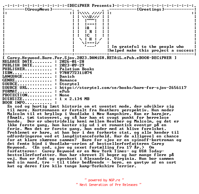 NFO for the release Carey.Heywood.Bare.For.Sjov.2023.DANiSH.RETAiL.ePub.eBOOK-DECiPHER by DECiPHER