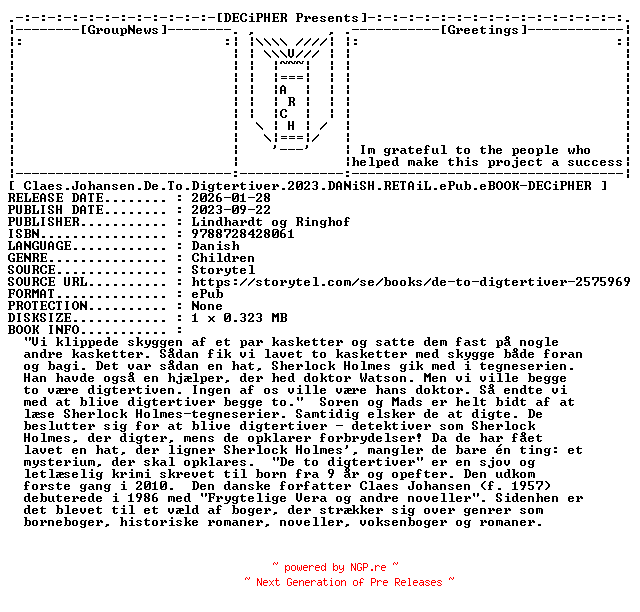 NFO for the release Claes.Johansen.De.To.Digtertiver.2023.DANiSH.RETAiL.ePub.eBOOK-DECiPHER by DECiPHER